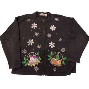 Beaded Snowman Snow Globe Snowflake Black Christmas Cardigan B.P. Design Size XL
